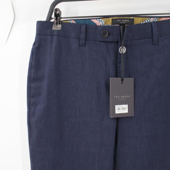 NWT Ted baker pants Mens 32 L31 navy blue linen trousers flat front pockets - Picture 2 of 15